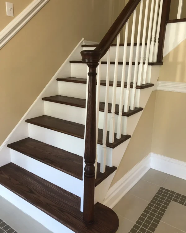 Professional Staircase Refinishing – DuraSeal Ebony on Red Oak with Bona Mega Satin Staircase refinishing with DuraSeal Ebony on red oak treads, posts, and handrails coated with Bona Mega Satin