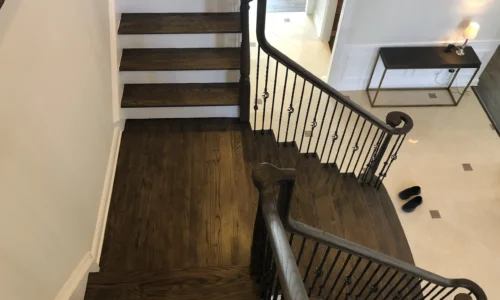Red Oak Staircase Refinishing in New Jersey – Ebony Stain & Bona Traffic HD Satin Finish flooring contractor in chatham nj
