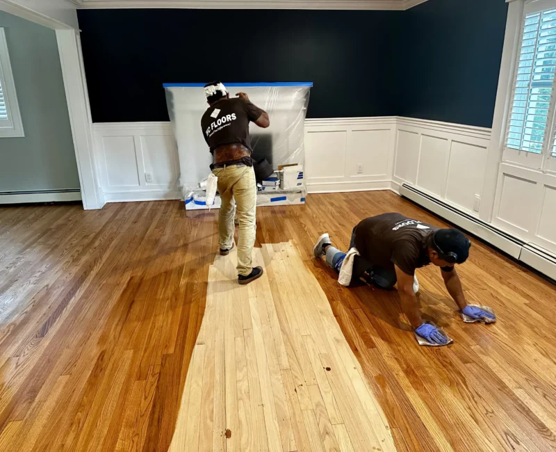 WC Floors Team Applying DuraSeal Stain in New Jersey WC Floors team applying DuraSeal stain on hardwood floors in New Jersey