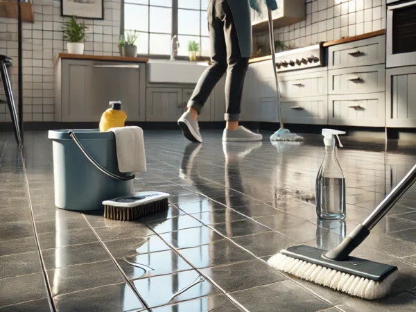 tile flooring in a modern kitchen. The image features a person using a sponge mop and a bucket with tile-safe cleaning tile flooring in a modern kitchen. The image features a person using a sponge mop and a bucket with tile-safe cleaning